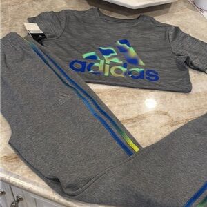 adidas Gray Crewneck Sweatshirt with Blue and Lime Stripes